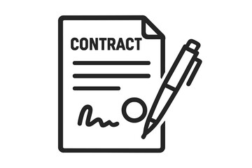 Contract icon with signature and pen. Legal document, agreement, and deal concept. Business partnership symbol. Signing official paperwork or form. Vector line illustration.