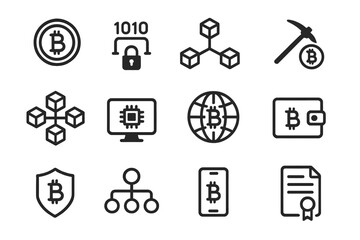 Crypto technology and blockchain line icon set. Bitcoin, mining, wallet, and security symbols. Vector collection for web design, mobile app, and fintech presentation.