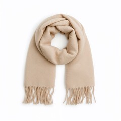 Cozy beige scarf with fringes displayed on white background  