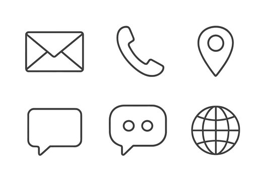 Contact us icons thin line style. Communication icon set. Web button collection for business. Mail, email, message, telephone, call, chat, support, location, address, website.