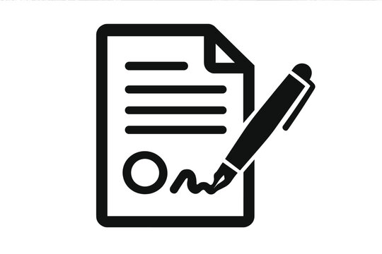 Contract icon with signature and pen. Signing a legal document, agreement, or deal. Business partnership and commitment concept. Treaty or form symbol. Vector illustration.