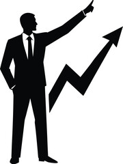 Business Growth Silhouette Vector Black & White Professional Figure Pointing Upward with Progress Arrow Symbol