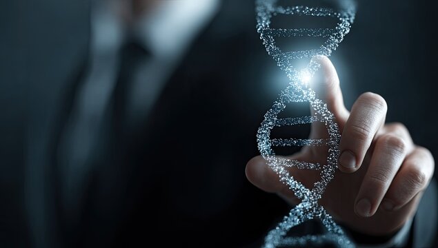 A hand touches a DNA helix