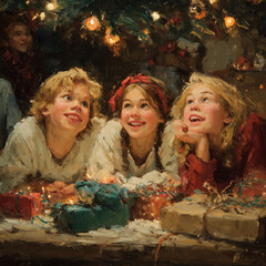 Three children are sitting on the floor looking at a Christmas tree. They are smiling and seem to be enjoying the moment