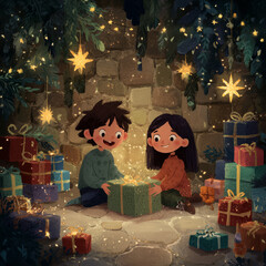 A boy and girl are opening a present in a cave. The cave is filled with many presents, and the children are surrounded by them. Scene is joyful and festive