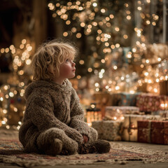 A young child is sitting on a rug in front of a Christmas tree. The child is wearing a brown sweater and he is looking at the tree. The scene is cozy and festive, with the Christmas tree