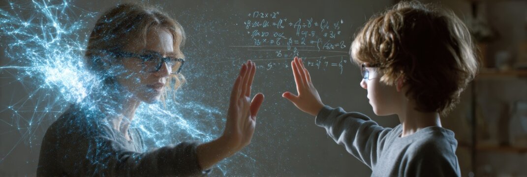 Virtual Tutor Hologram Teaching Math to a Student in a Softly Lit Modern Learning Space