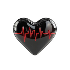 Glossy Black Heart with Red Heartbeat Line Love Health Medical Cardio on transparent background