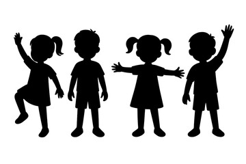 Diverse children silhouettes playful poses set of four kids jumping waving arms open vector illustration isolated black figures preschool education material childhood activity concept