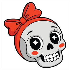 Fototapeta premium Magical cute Halloween skeleton skull cartoon mask. Happy smiling funny skull in line art element collection perfect for festive and spooky holiday designs.