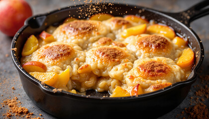 Baked apple cobbler dessert with cinnamon in cast iron skillet  