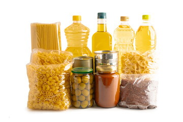 Foodstuffs in donation box isolated on white background with clipping path for volunteer to help...