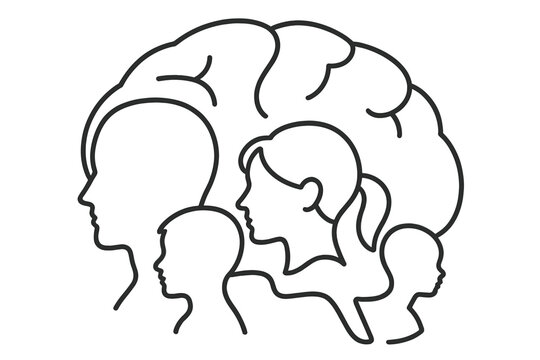 Human brain silhouette with multiple diverse male and female profiles, psychology therapy concept, mental health identity diversity illustration, outline mind teamwork awareness vector art - Powered by Adobe
