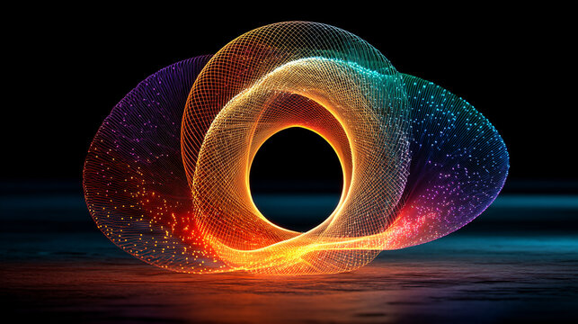 Abstract glowing torus floats. Concept symbolizes technology, innovation, connection. Use for website, marketing, graphic design.