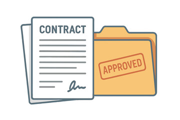 Business contract agreement papers in a file folder. Official legal document concept with signature and approved seal stamp. Financial report or deal paperwork vector icon.