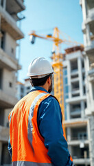 Rear view of an engineer inspecting an active construction site.

