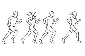 Minimalist line art jogging sequence – four athletic runners in motion, male and female silhouettes, fitness workout, marathon training, sports activity progression, dynamic outline illustration