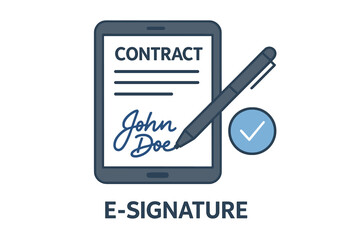 Electronic signature concept for digital contract and online agreement. E-signature technology for business documents. Signing a form on a tablet with a stylus. Vector icon.
