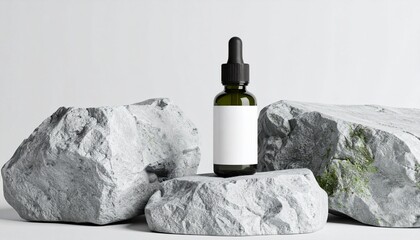 Glass dropper bottle with pipette on the stone. Cosmetic oil bottle mockup. Mockup scene. Product presentation concept.