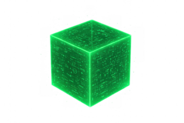 Glowing green cube rotating, displaying futuristic digital symbols against transparent backdrop, representing technological innovation