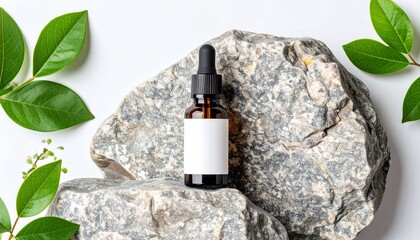 Glass dropper bottle with pipette on the stone. Cosmetic oil bottle mockup. Mockup scene. Product presentation concept.