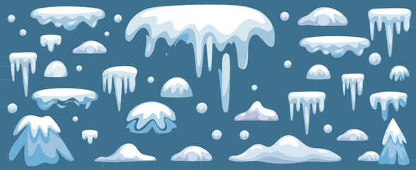 Snowy Ice Caps and Hanging Icicles – Isolated Vector Elements for Frozen Roof Edges, Winter Scenes, and Holiday Design Projects


