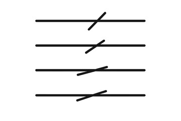 Diagonal Strikethrough Lines Vector Set—Four Bold Horizontal Stroke Elements with Angled Slash Marks, Minimalist Black Separator Rules, Transparent Background, Modern Graphic Design Assets