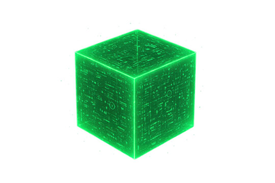 Glowing green cube rotating, displaying futuristic digital symbols against transparent backdrop, representing technological innovation