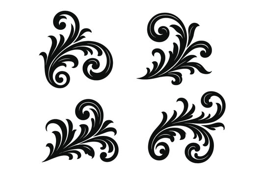 Ornamental swirl flourish vector set of 4—elegant black baroque corner embellishments, vintage curlicue filigree accents, decorative scroll tattoo motifs, classic floral arabesque design elements