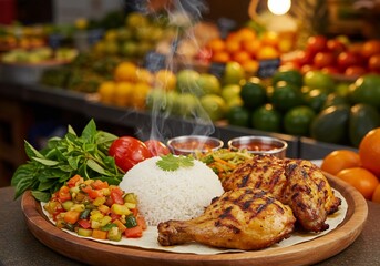 熱々グリルチキンと彩り野菜のプレート、食欲をそそる香り