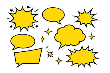Yellow comic speech bubbles, blank talk balloons, starburst explosions, pop art bang shapes, vector set for text, graphic design, marketing banner, social media post, retro cartoon effect, wow sticker