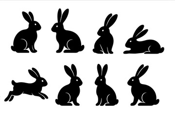 Black Silhouette Rabbits Collection, Sitting Hopping Running Lying Down, Cute Bunny Icons Set, Easter Wildlife Symbol, Pet Animal Clipart, Simple Vector Illustration on White Background