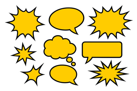 Yellow comic speech bubble set with blank text balloons, starburst explosions, jagged burst shapes and thought cloud icons for pop art design, chat message, announcement banner or marketing poster