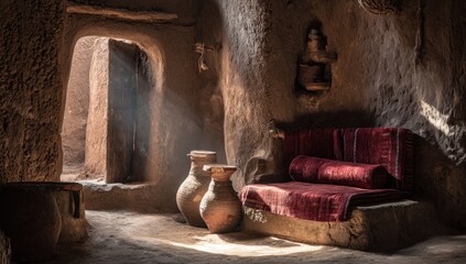 Sunlit interior of a traditional mud-walled home