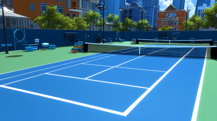 Fototapeta premium Urban tennis court in a residential area, with surrounding buildings and lush greenery. Detailed view of the court