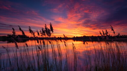 Obraz premium Colorful sunset over a lake with reeds