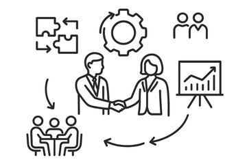 Business partnership and collaboration workflow. Vector concept of teamwork, synergy, and management leading to growth. Icons for meeting, strategy, and interaction.