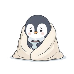 sad penguin covered with a blanket with a cup of tea