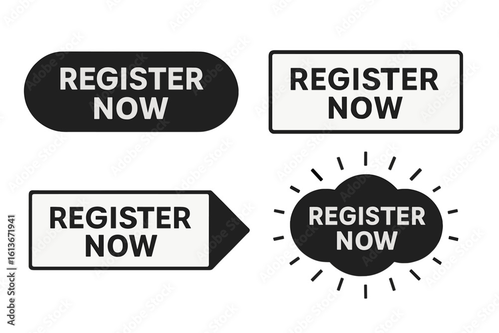 Poster register now button set vector illustration. web button collection for website and user interface. c