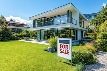 For Sale Sign on a Lawn in Front of a Modern Luxury House with Traditional Design. Real Estate Property, Mortgage, Housing Market Concept