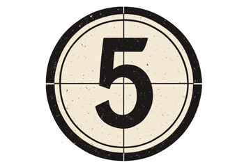 Retro cinema movie timer count. Old film countdown frame. Vintage movie leader screen with number five. Classic film reel start. Vector illustration isolated on transparent background.