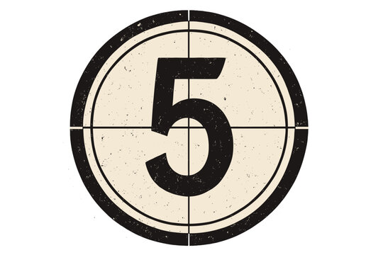 Retro cinema movie timer count. Old film countdown frame. Vintage movie leader screen with number five. Classic film reel start. Vector illustration isolated on transparent background.