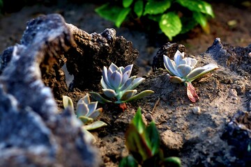 Detalle de jardín con varios cactus en forma de flor, plantas y troncos iluminados por la luz del...