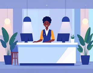 Professional Hotel Receptionist Greeting Guest at Front Desk – Modern Lobby and Business Hospitality Scene