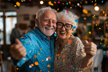 Joyful Elderly Couple Celebrating Together with Colorful Confetti and Smiles. Senior couple dances joyfully at indoor party.