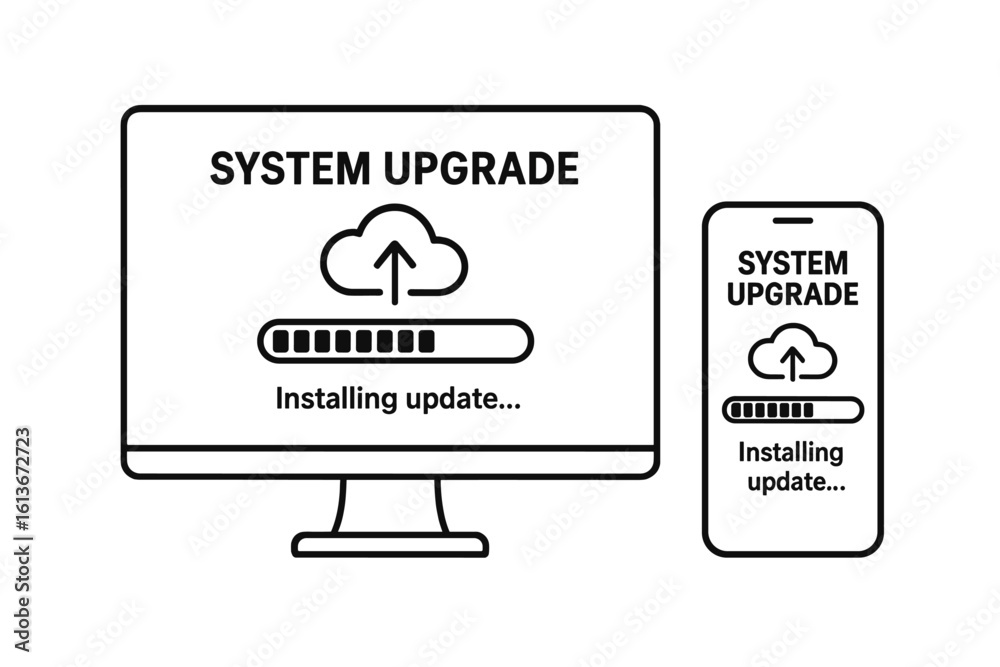 Poster system upgrade and software installation concept. installing update on computer, phone screen. cloud