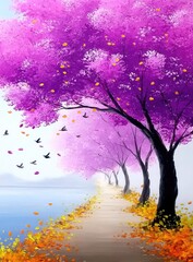 A path lined with vibrant purple cherry blossom trees, with falling leaves and birds, beside a tranquil body of water