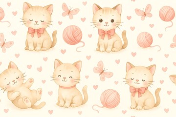 Cute cartoon kittens playfully posing in a whimsical design with hearts and yarn in pastel colors