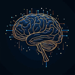 Stylized human brain illustration, glowing gold lines, dark blue background, digital connections.
