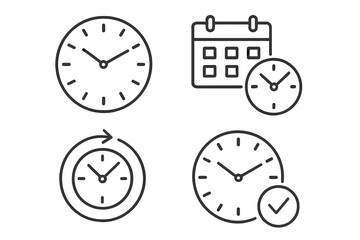 Time and clock line icon set. Schedule, appointment, and deadline concepts. Time management vector symbols. Calendar reminder, history repeat, and approved checkmark signs.